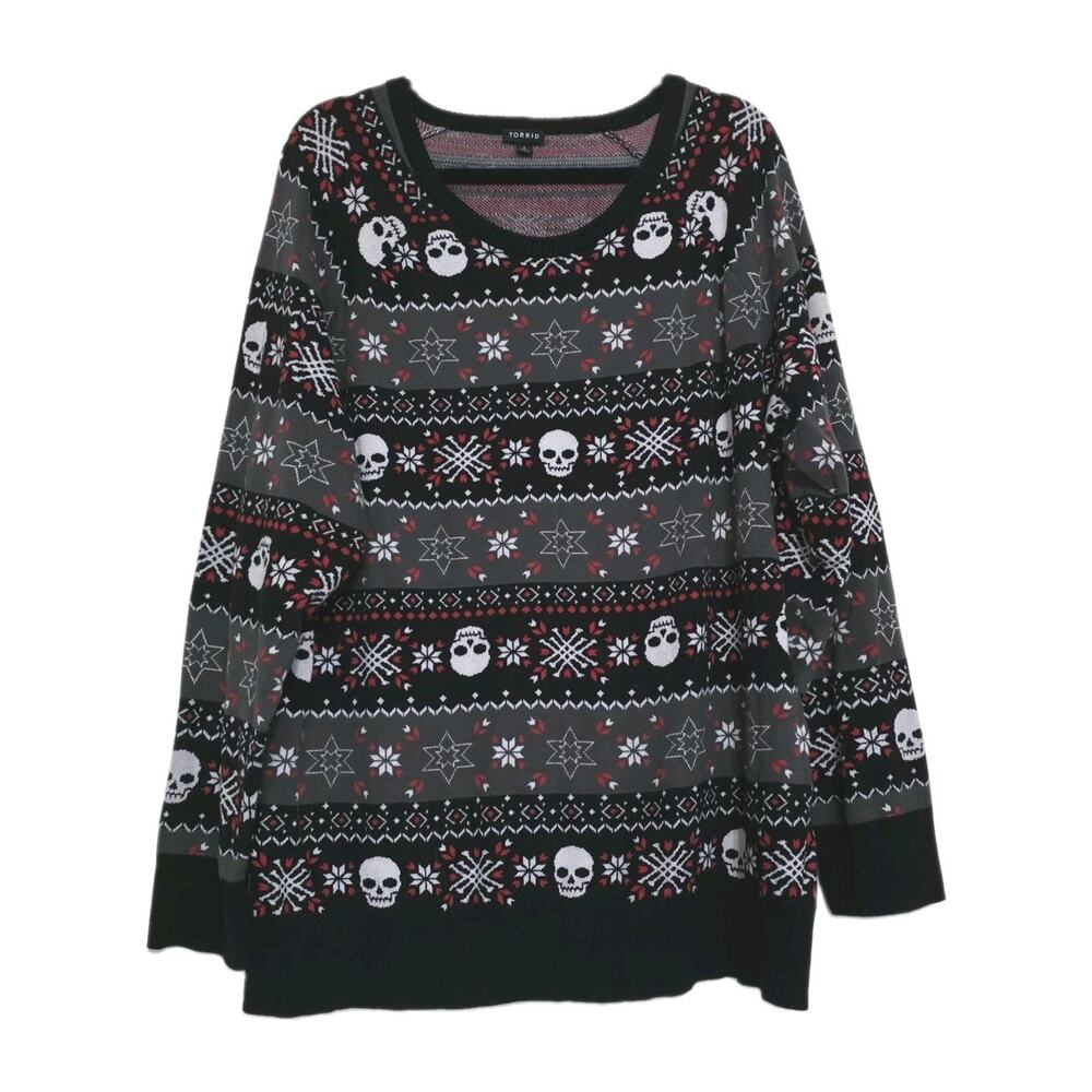 Torrid Skull Sweater Womens 3X Black Heart Fair Isle Scoop Neck Knit Pullover